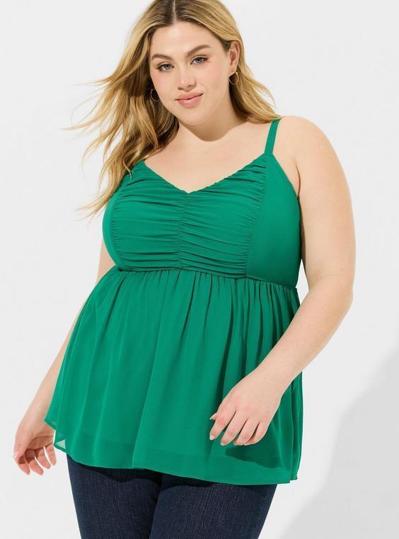 Babydoll Chiffon Shirred V-Neck Tank Product Image