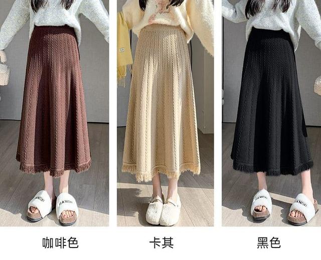 High Rise Plain Knitted Midi A-Line Skirt Product Image