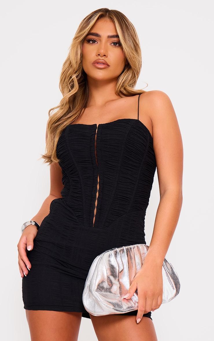  Black Ruched Mesh Corset Detail Bodycon Dress Product Image