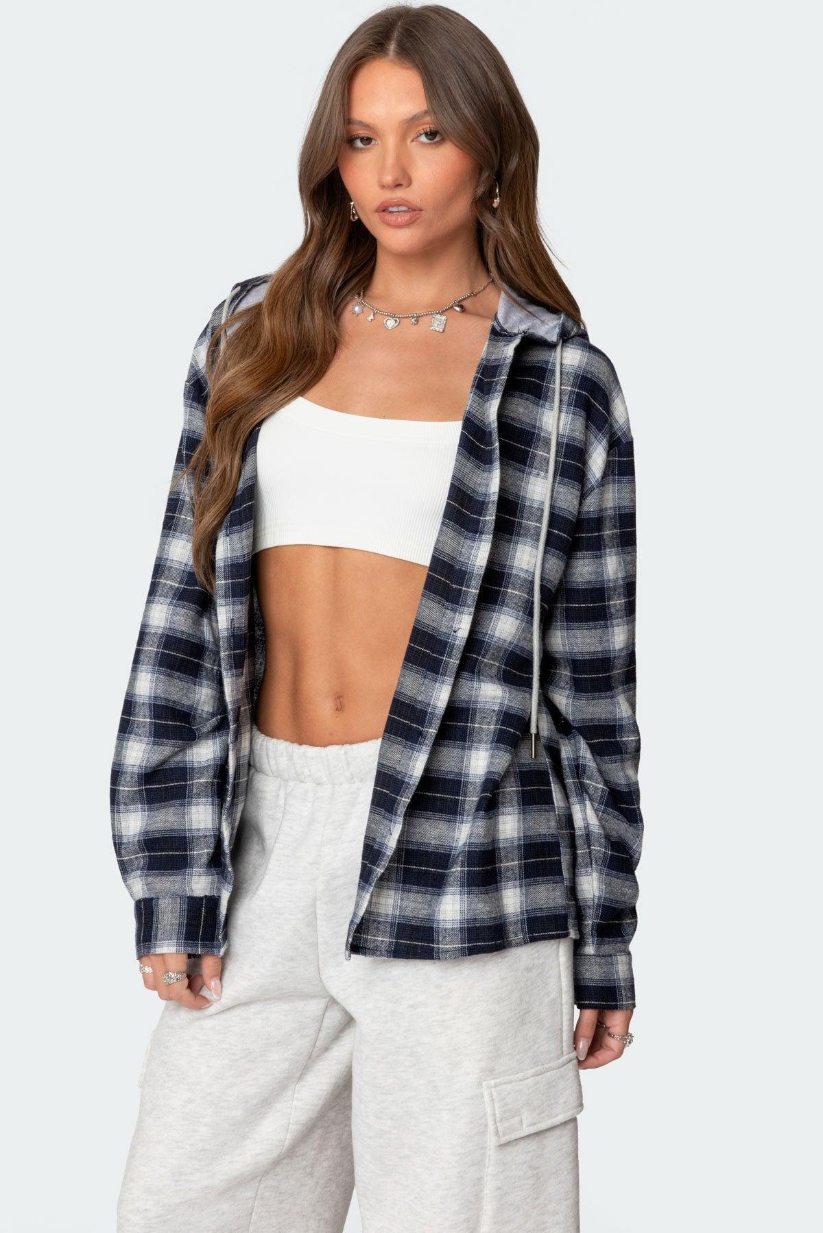 Plaid Hooded Button Up Shirt Product Image