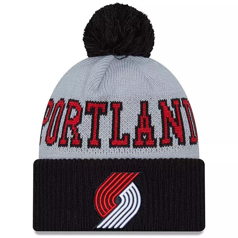 Mens New Era Black/Gray Portland Trail Blazers Tip-Off Two-Tone Cuffed Knit Hat with Pom Product Image