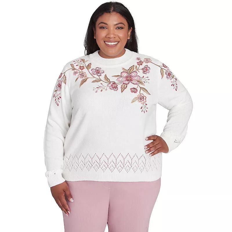 Plus Size Alfred Dunner Floral Embroidered White Chenille Sweater, Womens Ivory Product Image