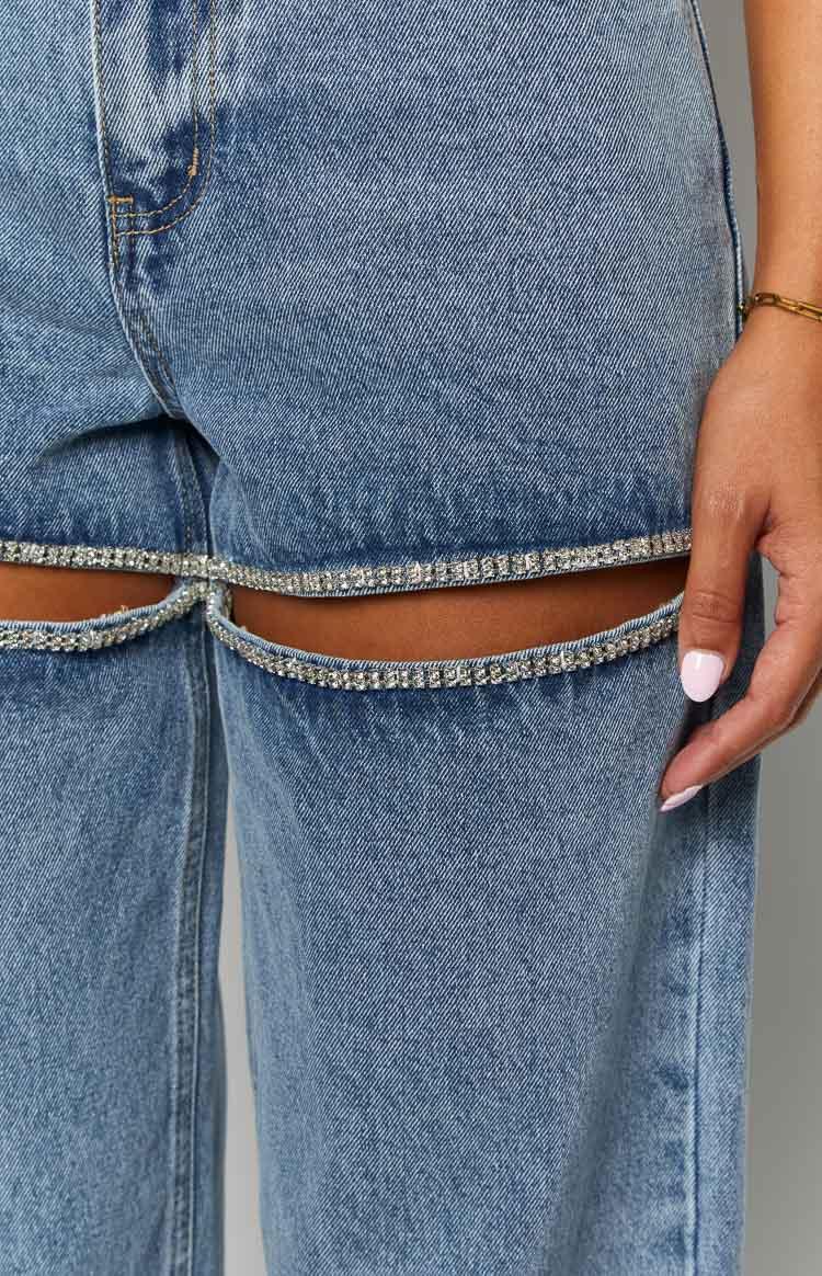 Gem Diamante Trim Wide Leg Denim Jeans Product Image