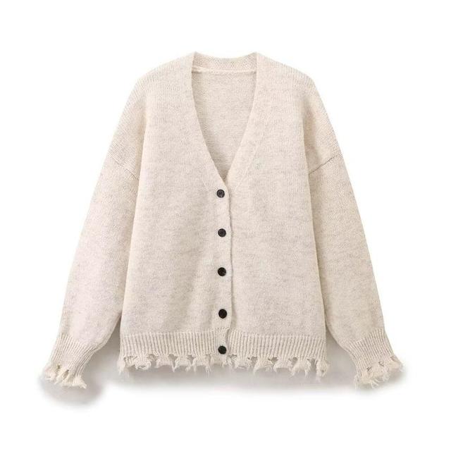 V-Neck Plain Tasseled Button-Up Cardigan Product Image