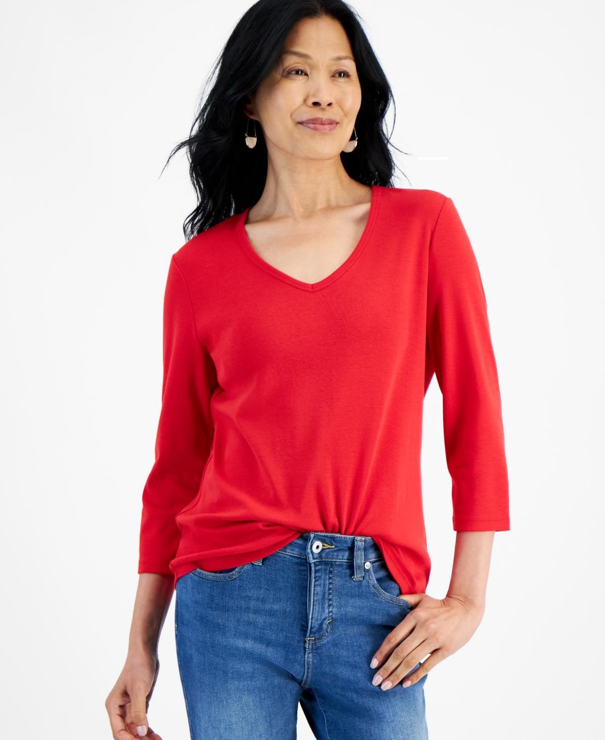 Style & Co Womens Cotton 3/4-Sleeve V-Neck Tee, Created for Macys Product Image