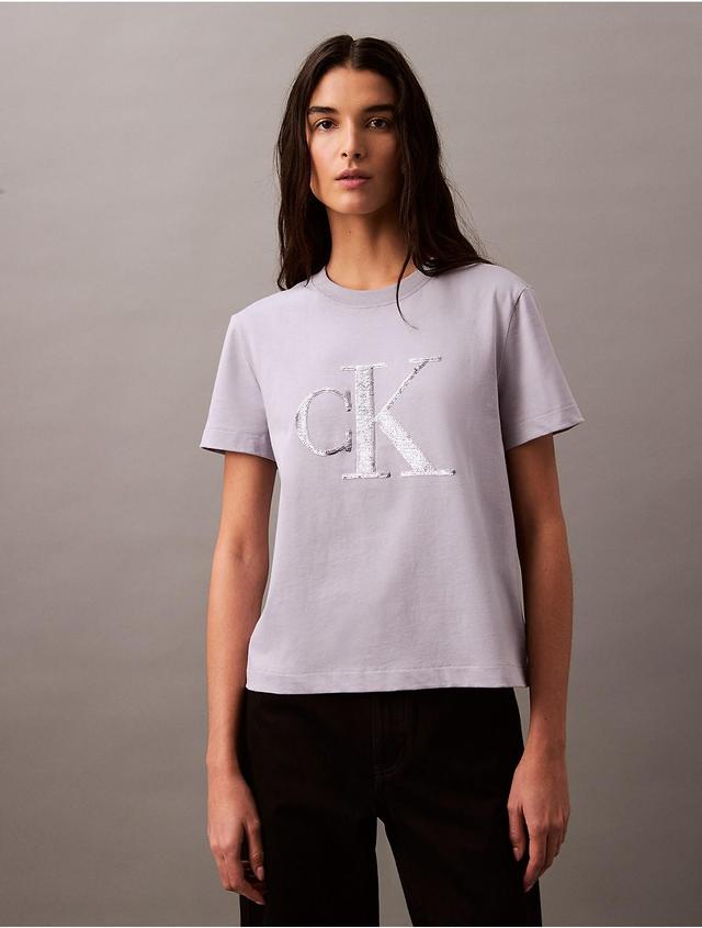 Calvin Klein Womens Sequin Monogram Logo Crewneck T-Shirt - Purple - XS Product Image