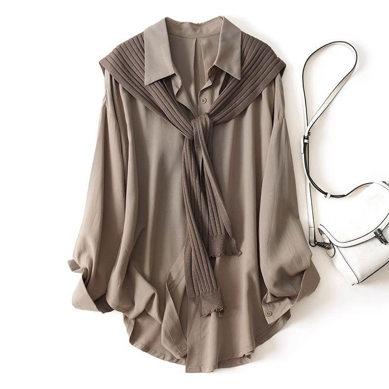 Set: Long-Sleeve Plain Button-Up Shirt + Knit Shawl Product Image