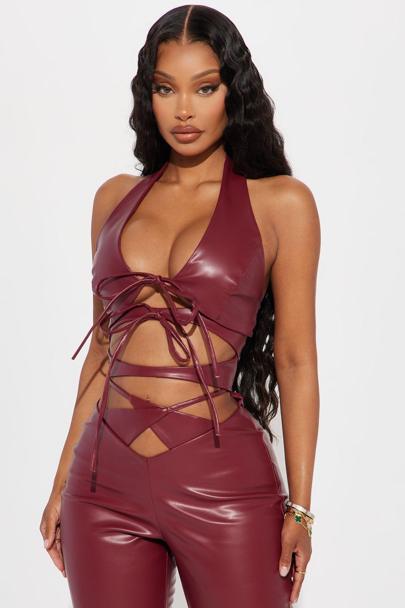 Super Down Faux Leather Jumpsuit - Burgundy Product Image