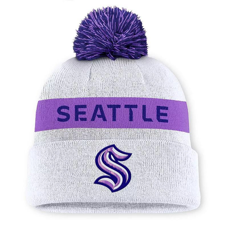 Mens Fanatics White Seattle Kraken Hockey Fights Cancer Authentic Pro Cuffed Knit Hat with Pom Product Image