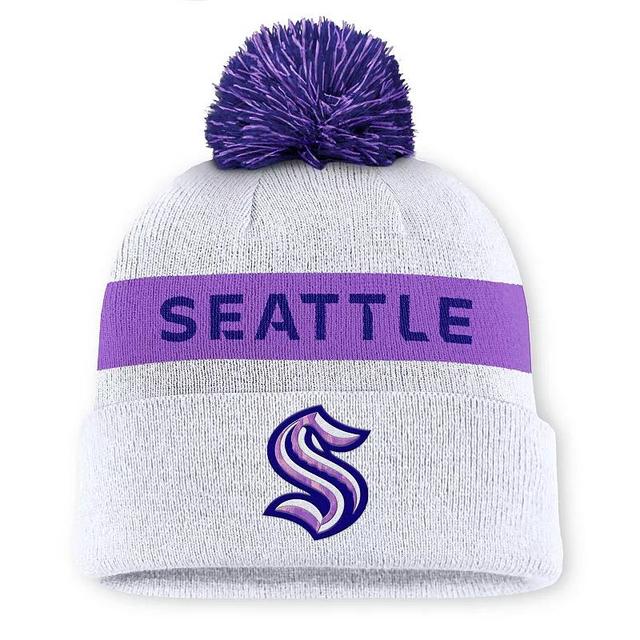 Mens Fanatics White Seattle Kraken Hockey Fights Cancer Authentic Pro Cuffed Knit Hat with Pom Product Image