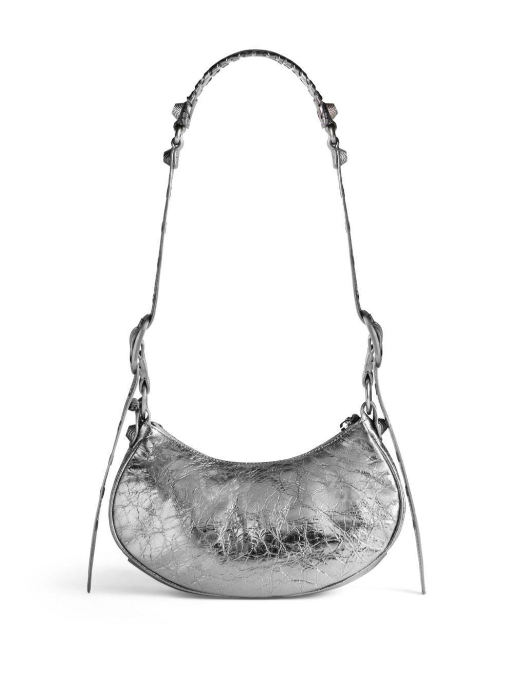 BALENCIAGA Le Cagole Small Metallic Croc Embossed Leather Shoulder Bag In Grey Product Image