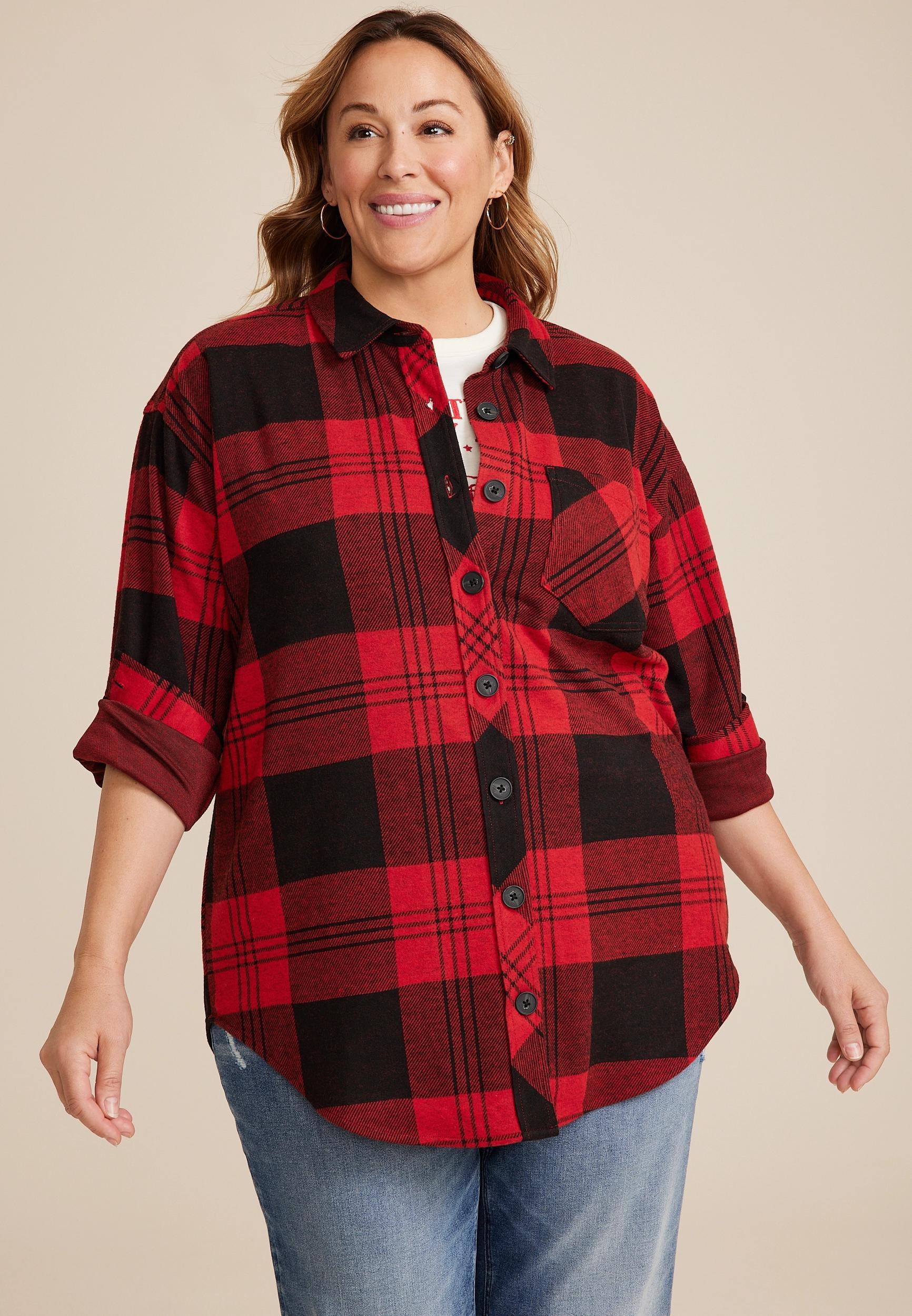 Maurices Plus Size Womens Knit Oversized Button Down Shirt Red Size 4X product image