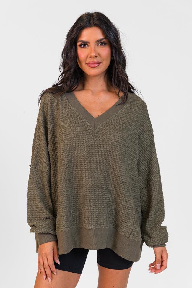 Perfect Score Olive Oversized Waffle V-Neck Top Product Image