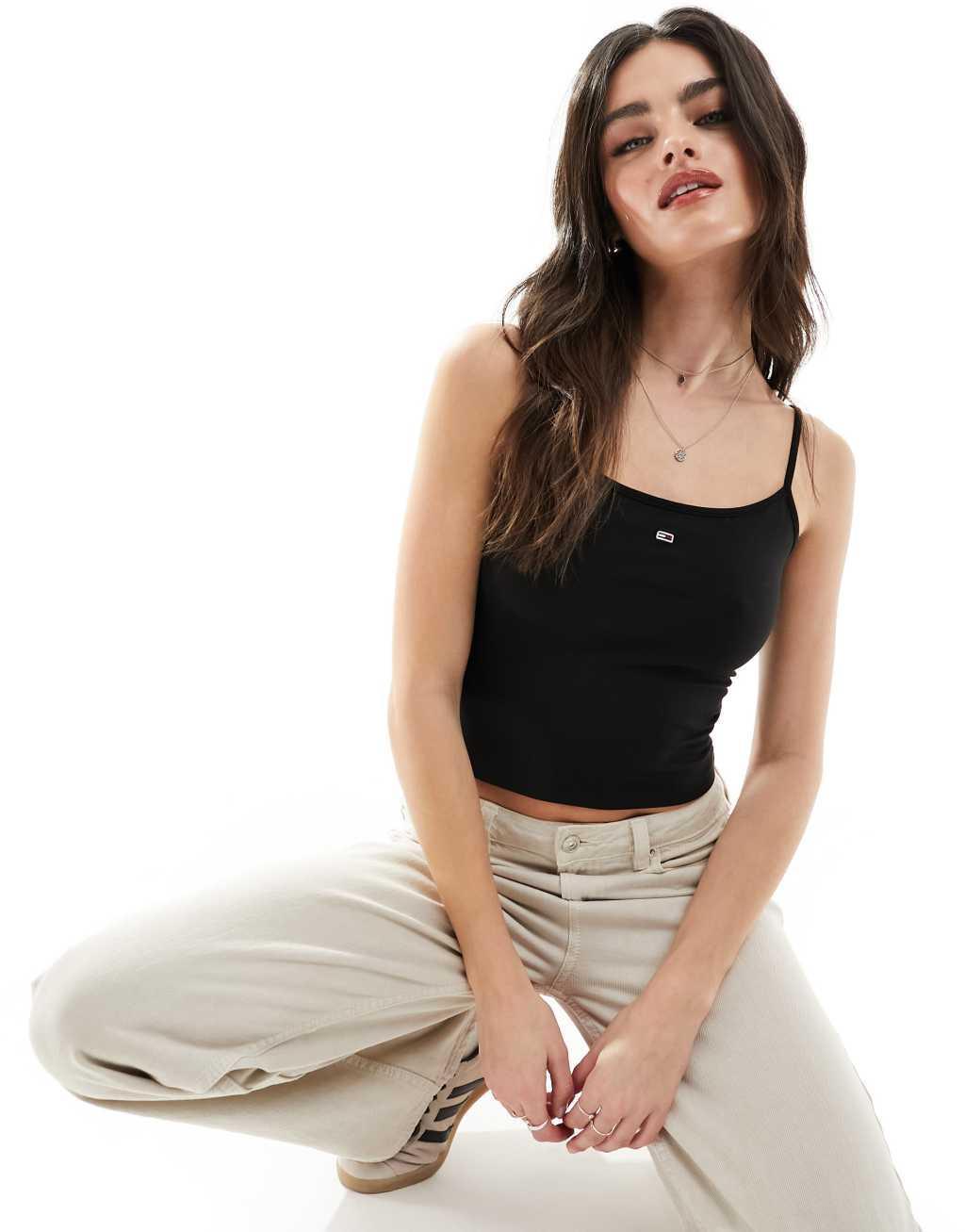 Tommy Jeans cropped essential strap top in black Product Image