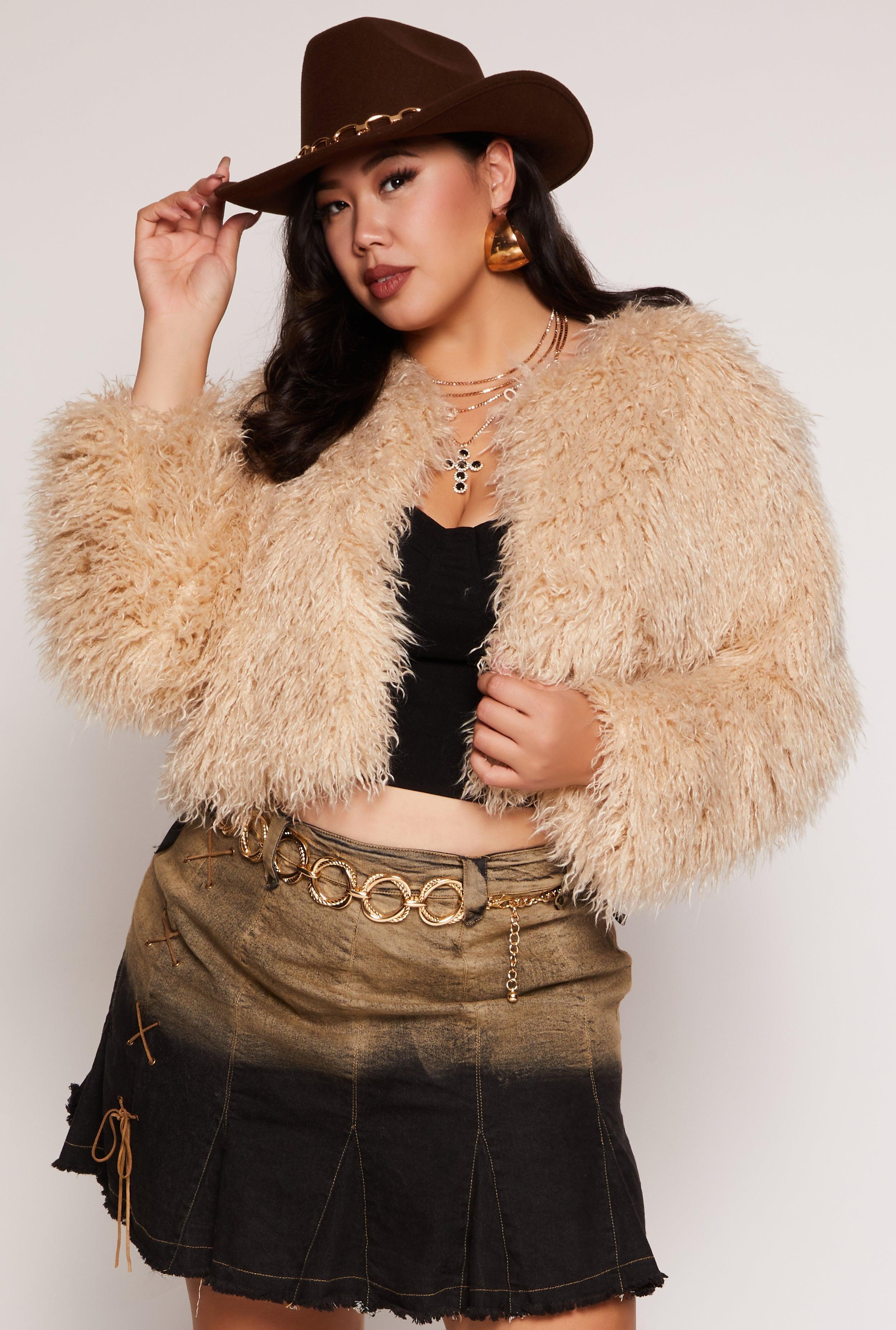 Womens Plus Size Shaggy Faux Fur Cropped Jacket product image