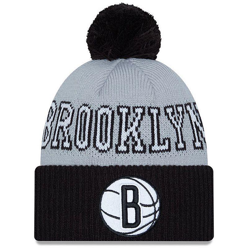 Mens New Era Black/Gray Brooklyn Nets Tip-Off Two-Tone Cuffed Knit Hat with Pom Product Image