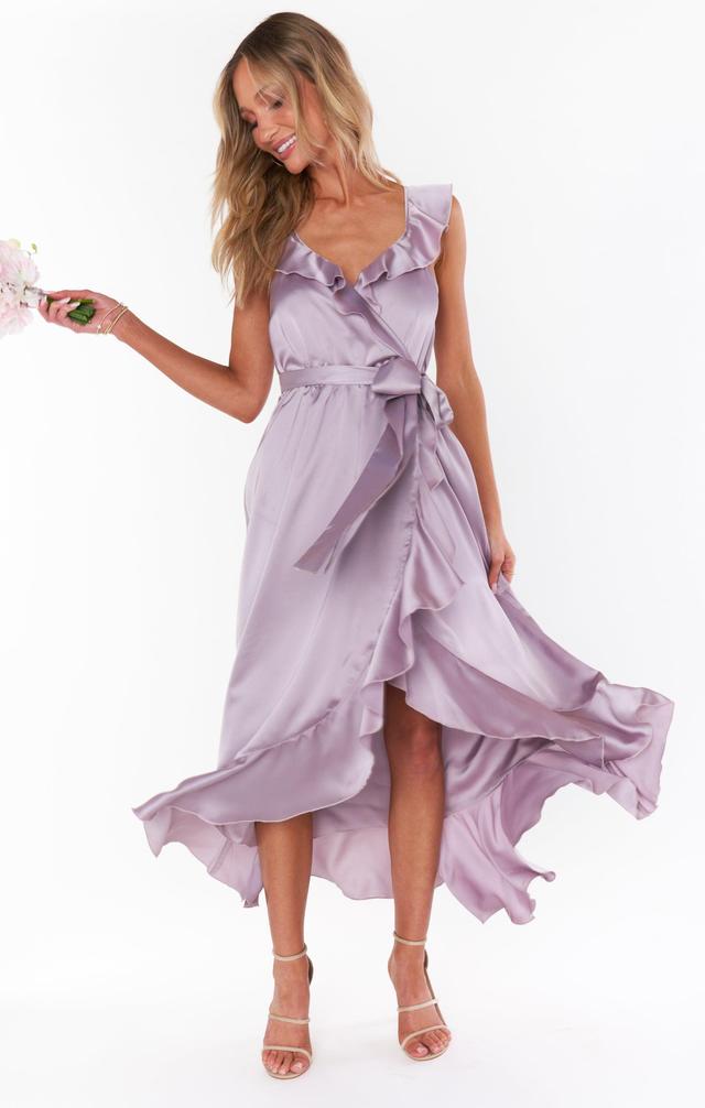 Samantha Ruffle Wrap Dress ~ Dusty Purple Luxe Satin Product Image