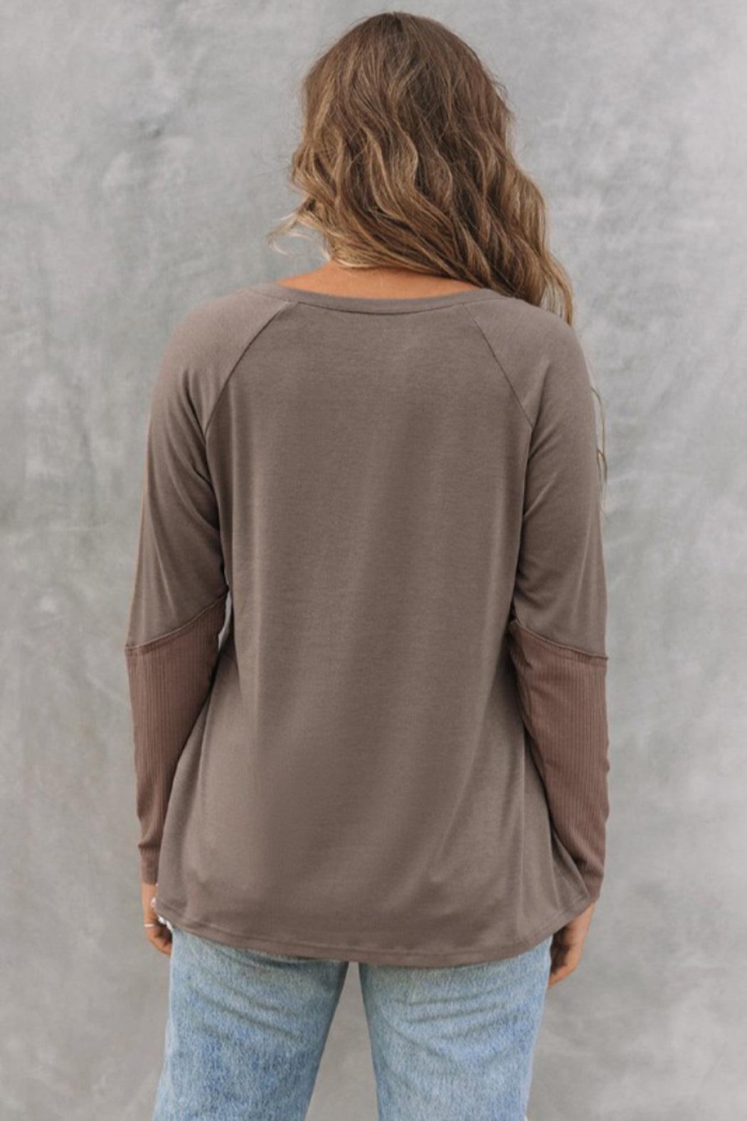 Ribbed Patchwork V Neck Long Sleeve Top Product Image