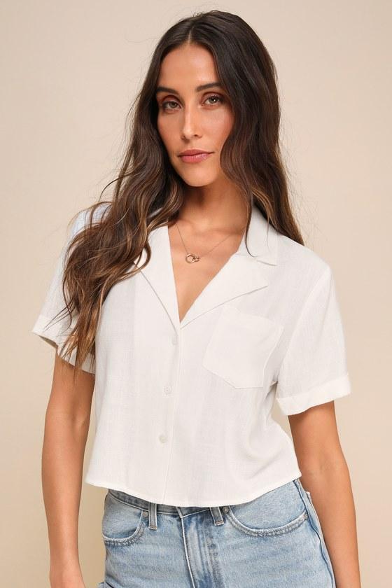 Purest Charm White Collared Button-Up Short Sleeve Top Product Image