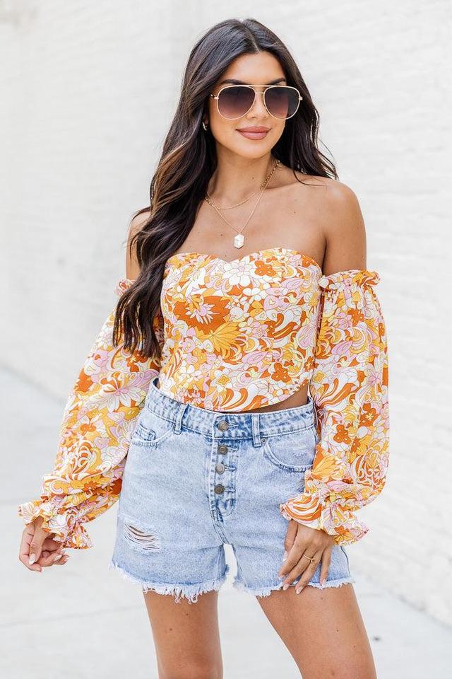 On My Mind Pink And Yellow Multi Printed Off The Shoulder Corset Blouse FINAL SALE Product Image