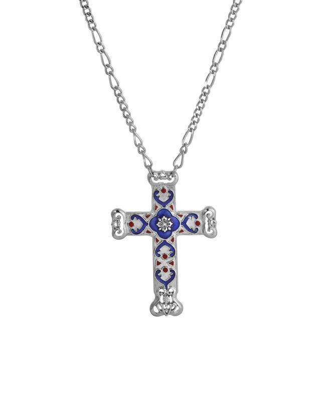 Symbols of Faith Enamel Blue & Red Cross Pendant Necklace, Womens, Silver Blue Product Image