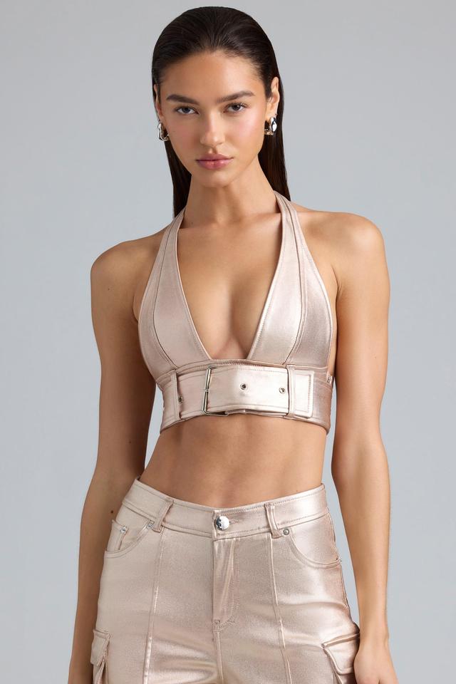 Metallic Denim Belted Crop Top in Champagne Product Image