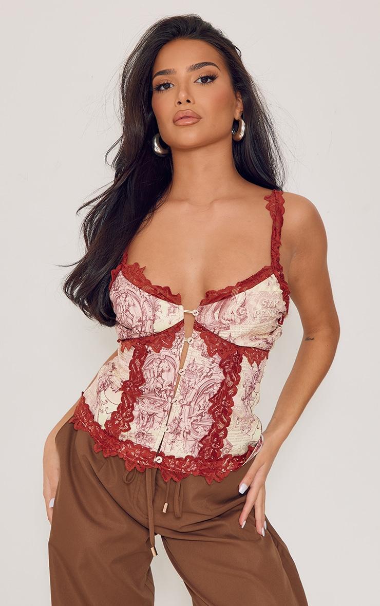 Petite Rust Renaissance Print Lace Trim Button Cami Product Image