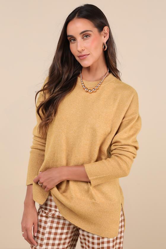 Autumn Allure Yellow Crew Neck Oversized Pullover Sweater Product Image