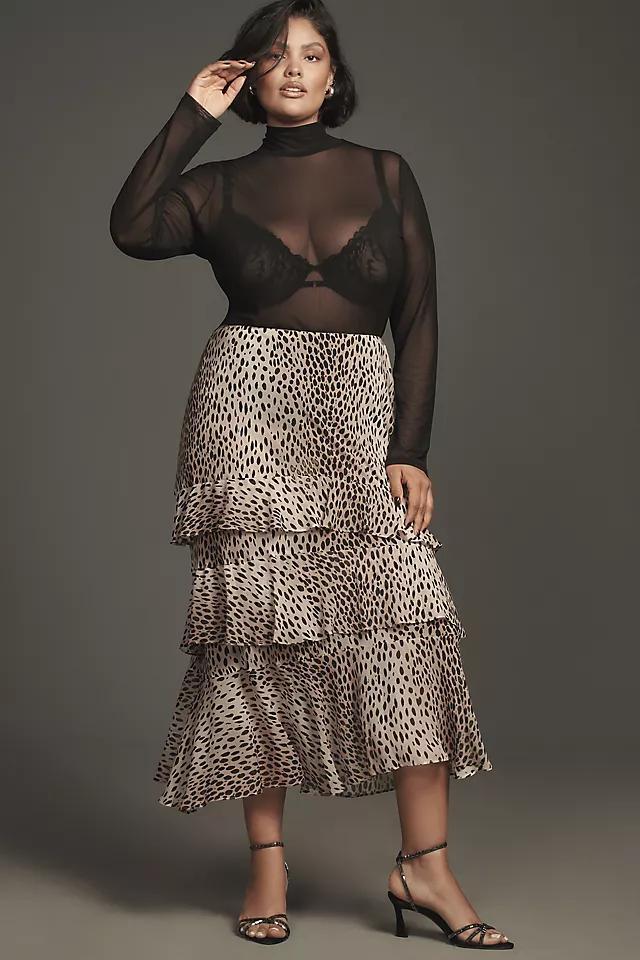 RIXO Leopard Preslee Silk Ruffled Midi Skirt Product Image