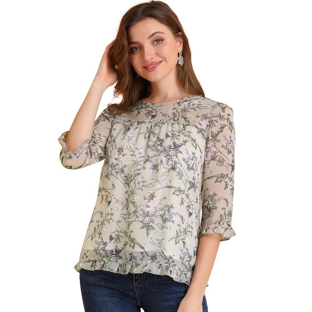 Allegra K Women's Round Neck Ruffle 3/4 Sleeve Floral Print Chiffon Blouse Grey Purple 3X-Large Product Image