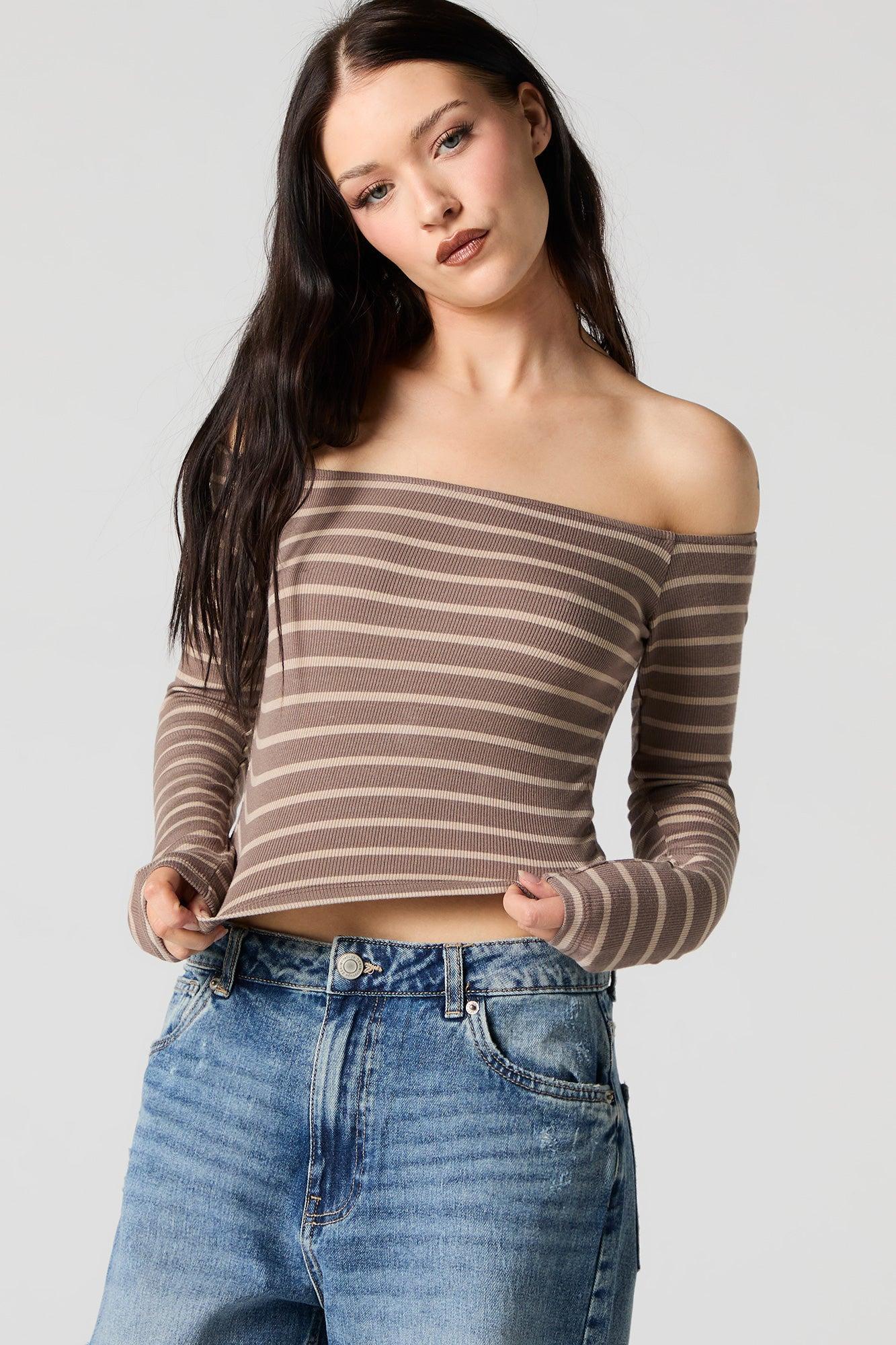 Striped Ribbed Off Shoulder Long Sleeve Top Female Product Image