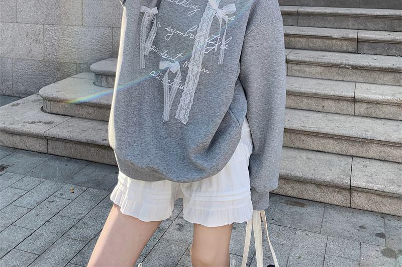 Round Neck Lettering Lace Bow Detail Sweatshirt / Mid Waist Plain Ruffle Mini Tiered A-Line Skirt Product Image