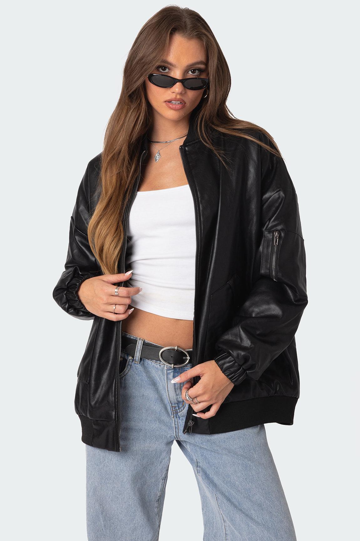 Faux Leather Oversized Bomber Jacket Product Image