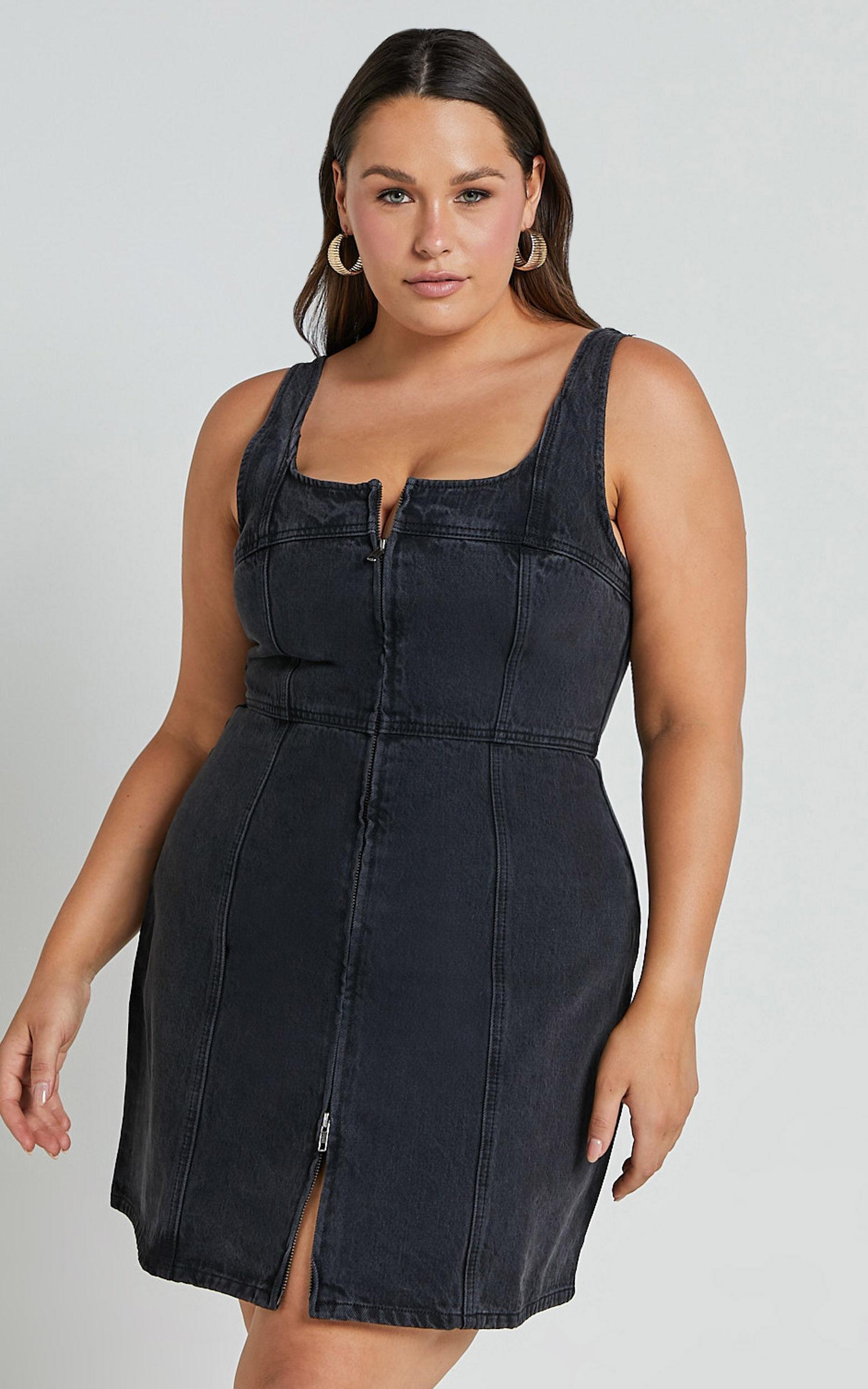 Chrysoula Mini Dress - Square Neck Zip Front Sleeveless Bodycon Denim in Washed Black Product Image