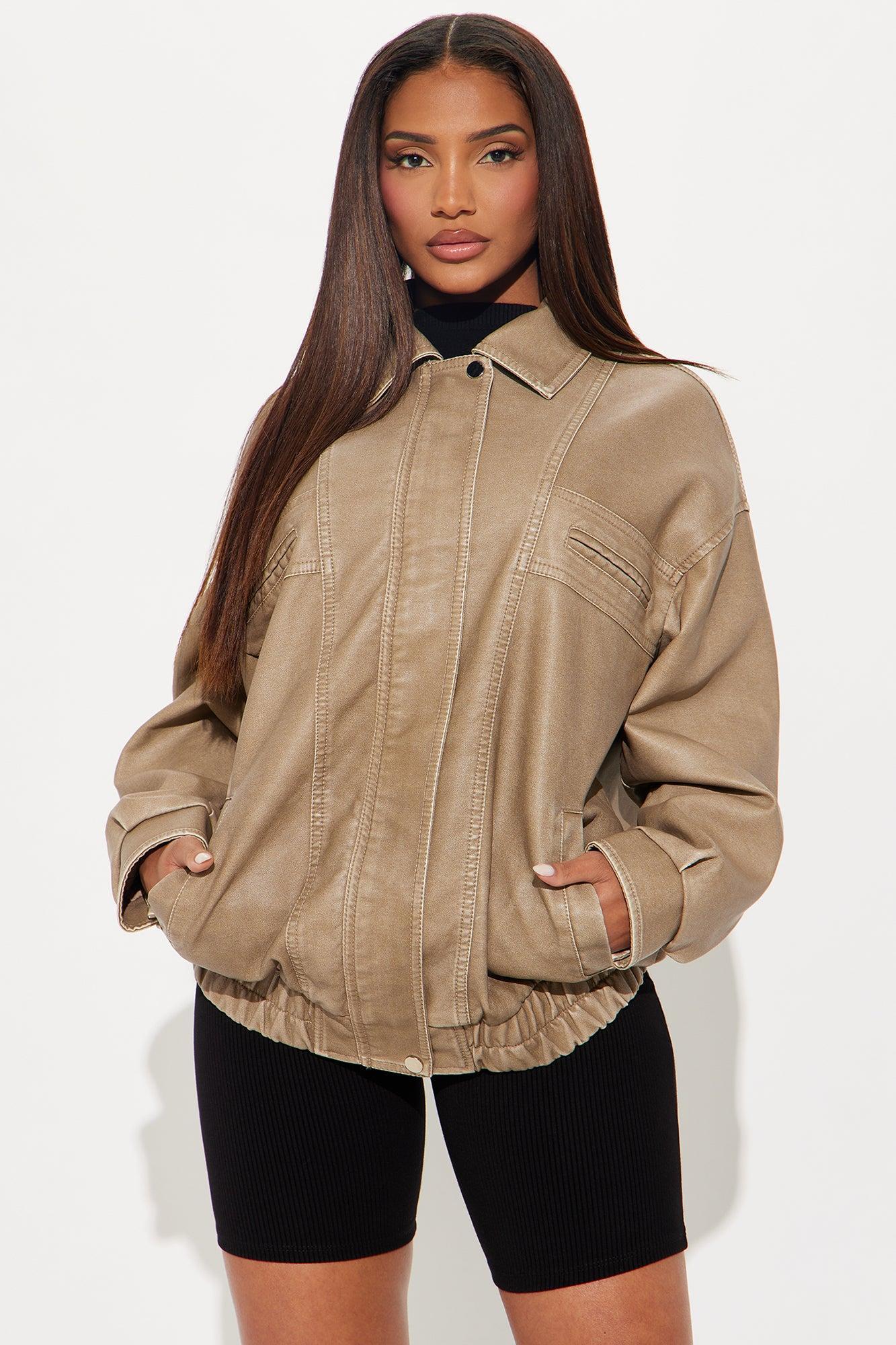 Downtown Rush Faux Leather Bomber Jacket - Khaki Product Image