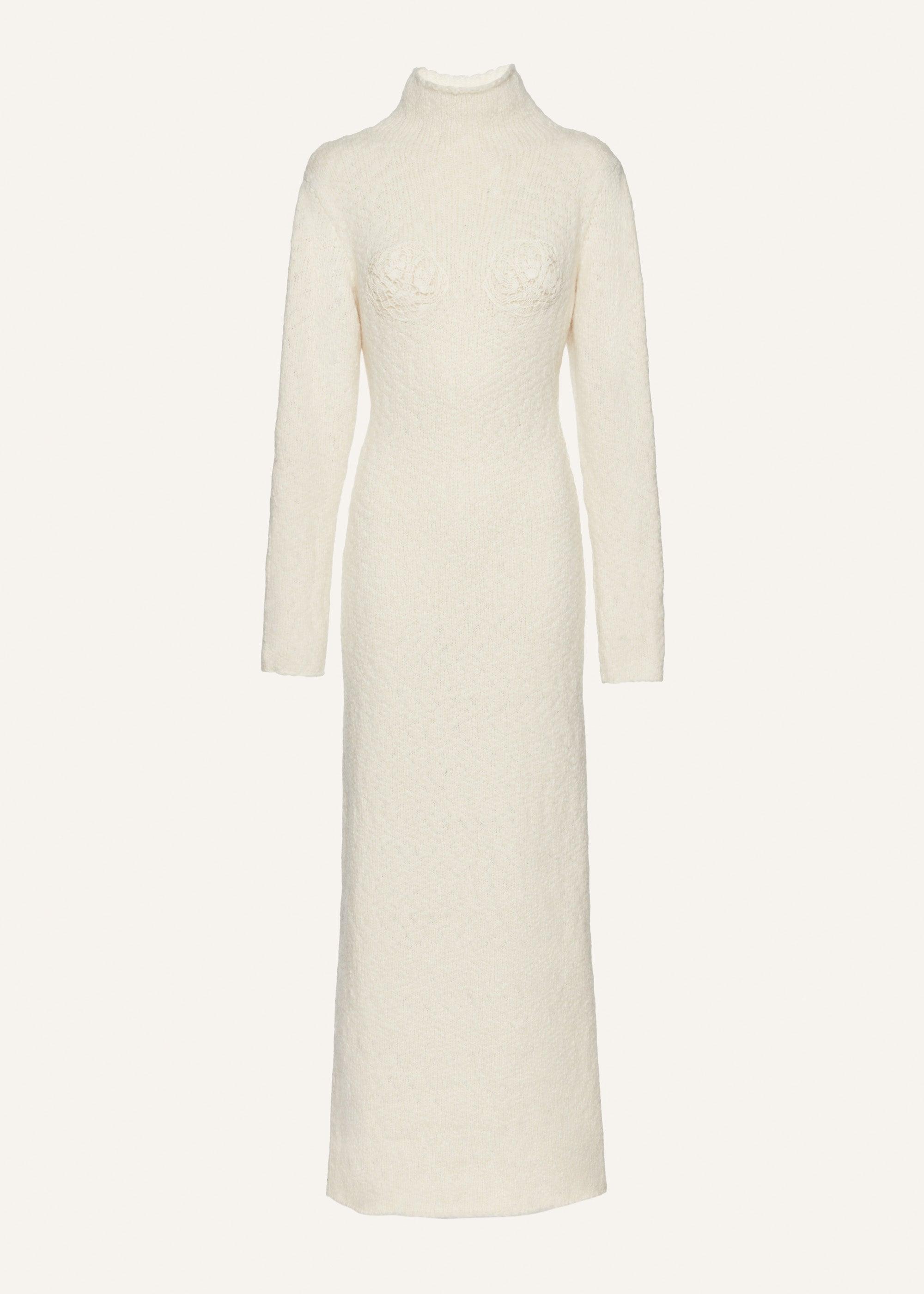 Lace bra cashmere turtleneck dress in cream Product Image