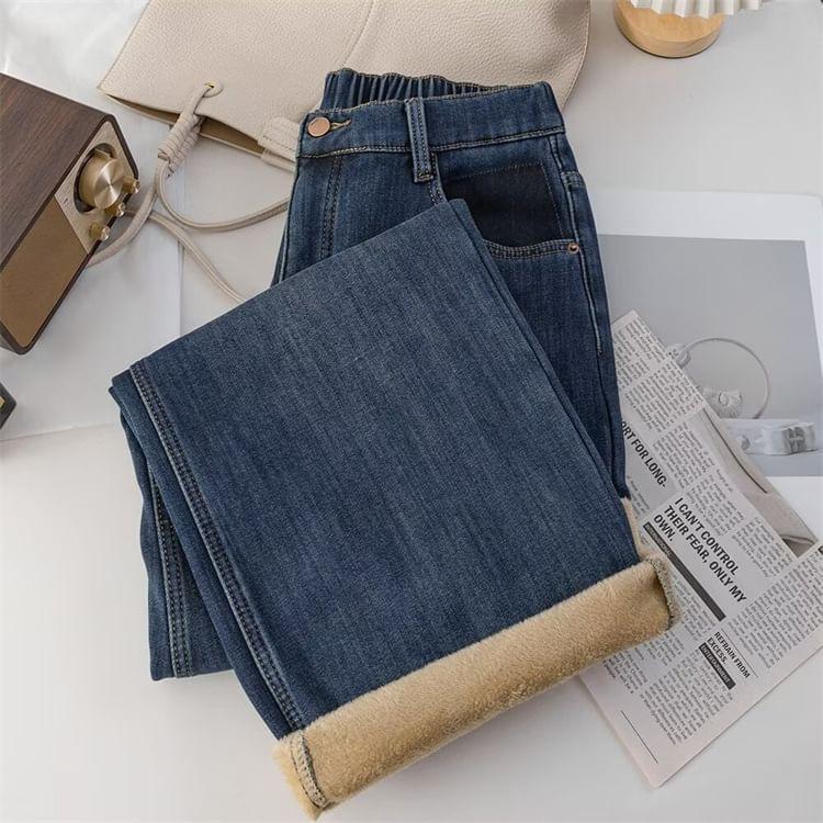 Plus Size Elastic Waist Applique Fleece-Lined Washed Wide Leg Jeans (Various Designs) Product Image