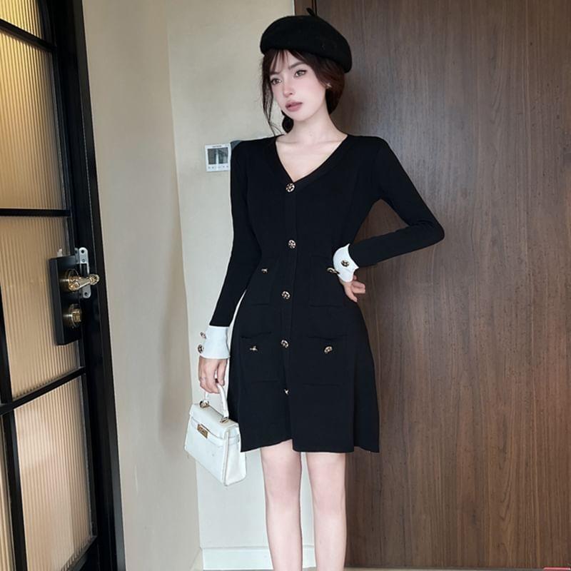 Long-Sleeve V-Neck Button-Up Plain Knit Mini A-Line Dress Product Image