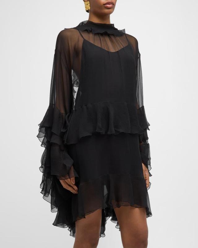 Silk Mousseline Mini Dress with Ruffle Details Product Image