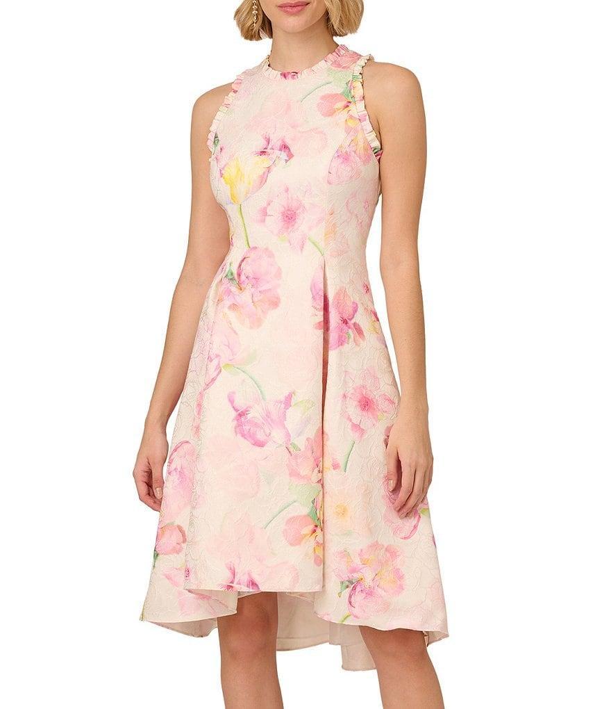 Adrianna Papell Jacquard Floral Print Halter Neck Sleeveless High-Low Dress Product Image