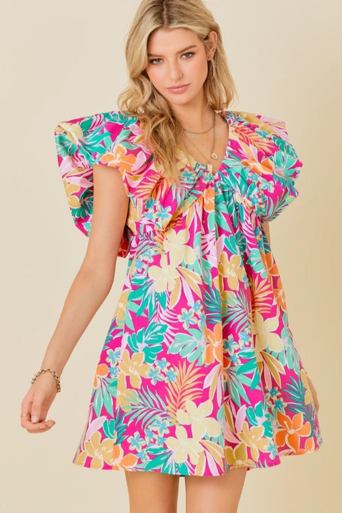 Tropical Print V-Neck Ruffle Dress product image