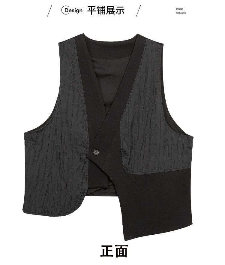 V-Neck Plain Asymmetrical Panel Button Vest Product Image