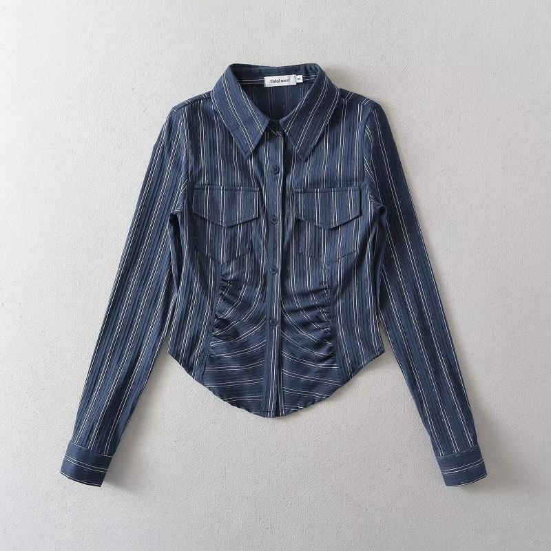 Long-Sleeve Collared Striped Ruched Shirt Product Image