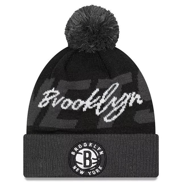 Mens New Era Black Brooklyn Nets Confident Cuffed Knit Hat with Pom - Black Product Image