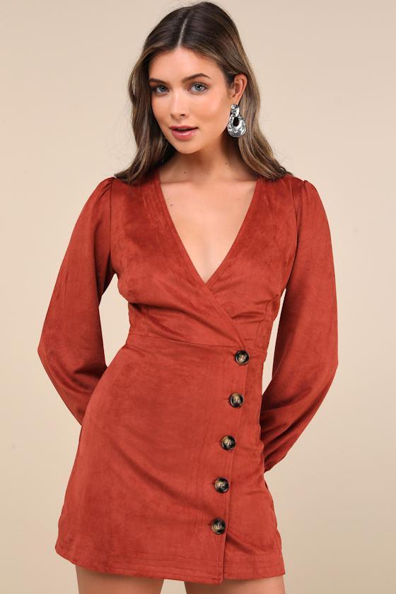 Chicest Aura Rust Suede Surplice Long Sleeve Mini Dress Product Image