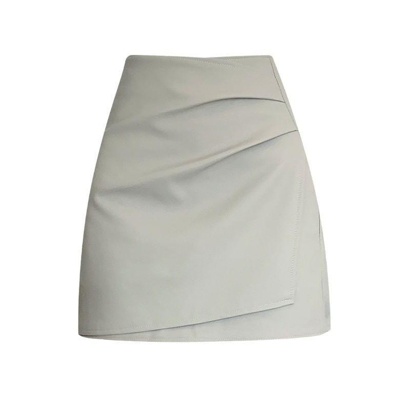 High Rise Plain Ruched Panel Faux Leather Mini A-Line Skirt Product Image