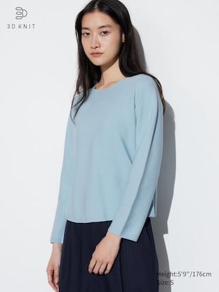 Womens 3D Knit Cotton Crew Neck Sweater Light Blue XL UNIQLO US Product Image