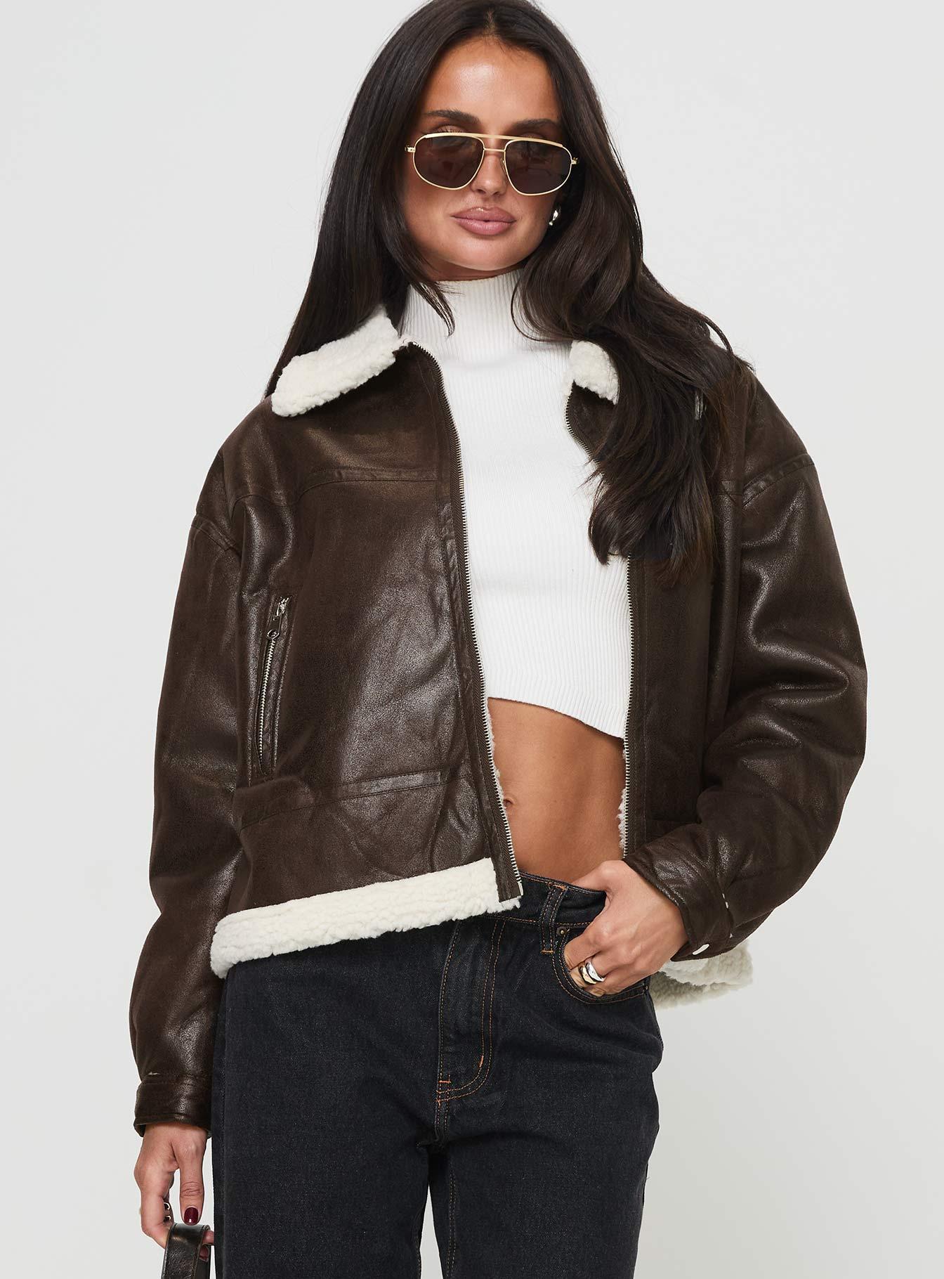 Solara Faux Leather Shearling Jacket Chocolate Product Image