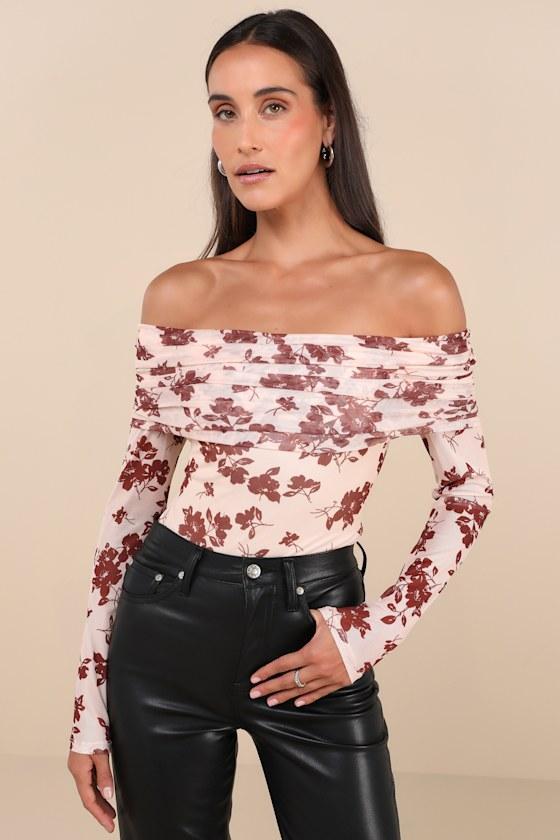 Eye-Catching Sweetie Beige Floral Mesh Off-the-Shoulder Bodysuit Product Image