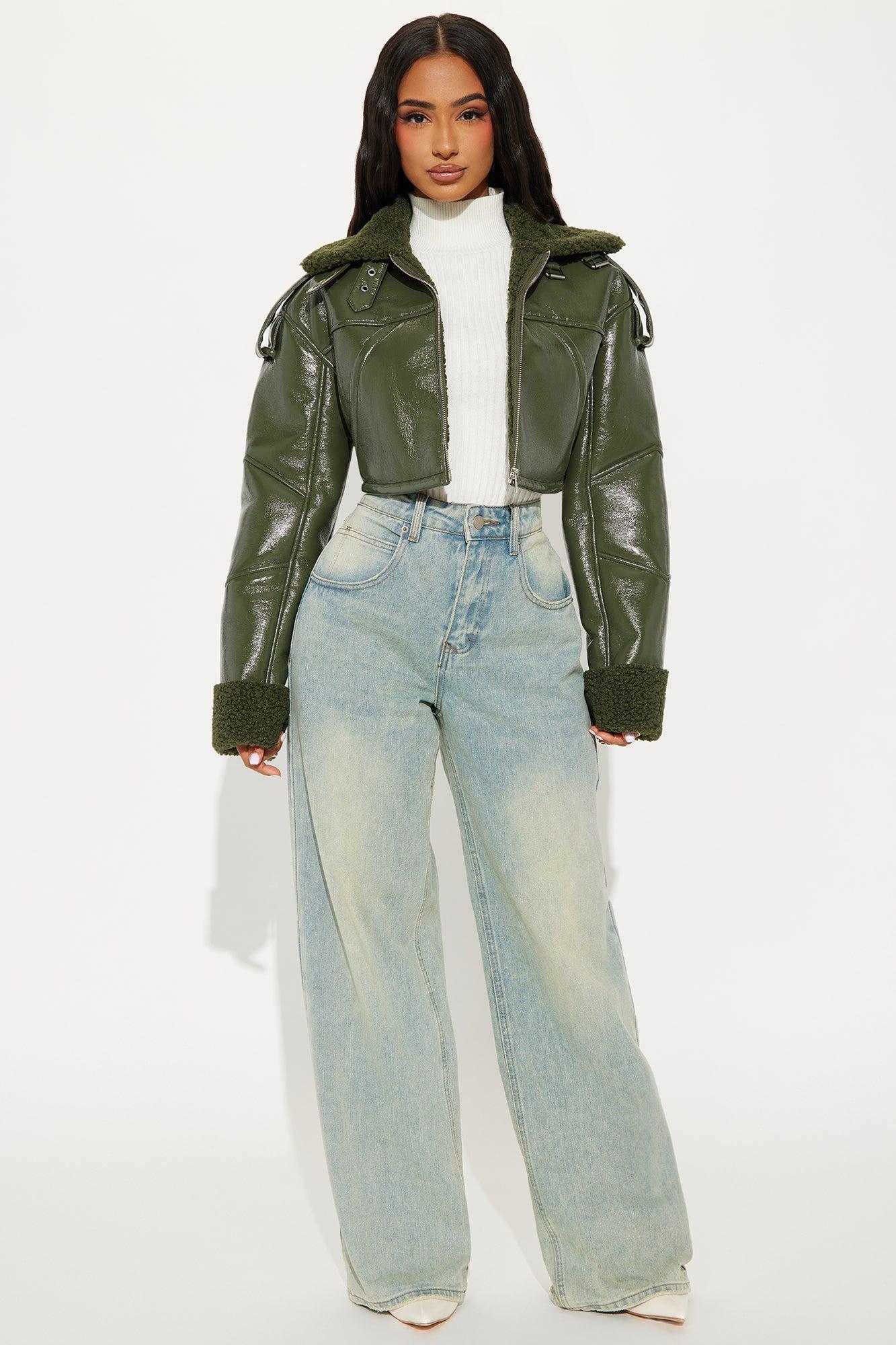 Bad Influence Faux Leather Cropped Jacket - Olive Product Image